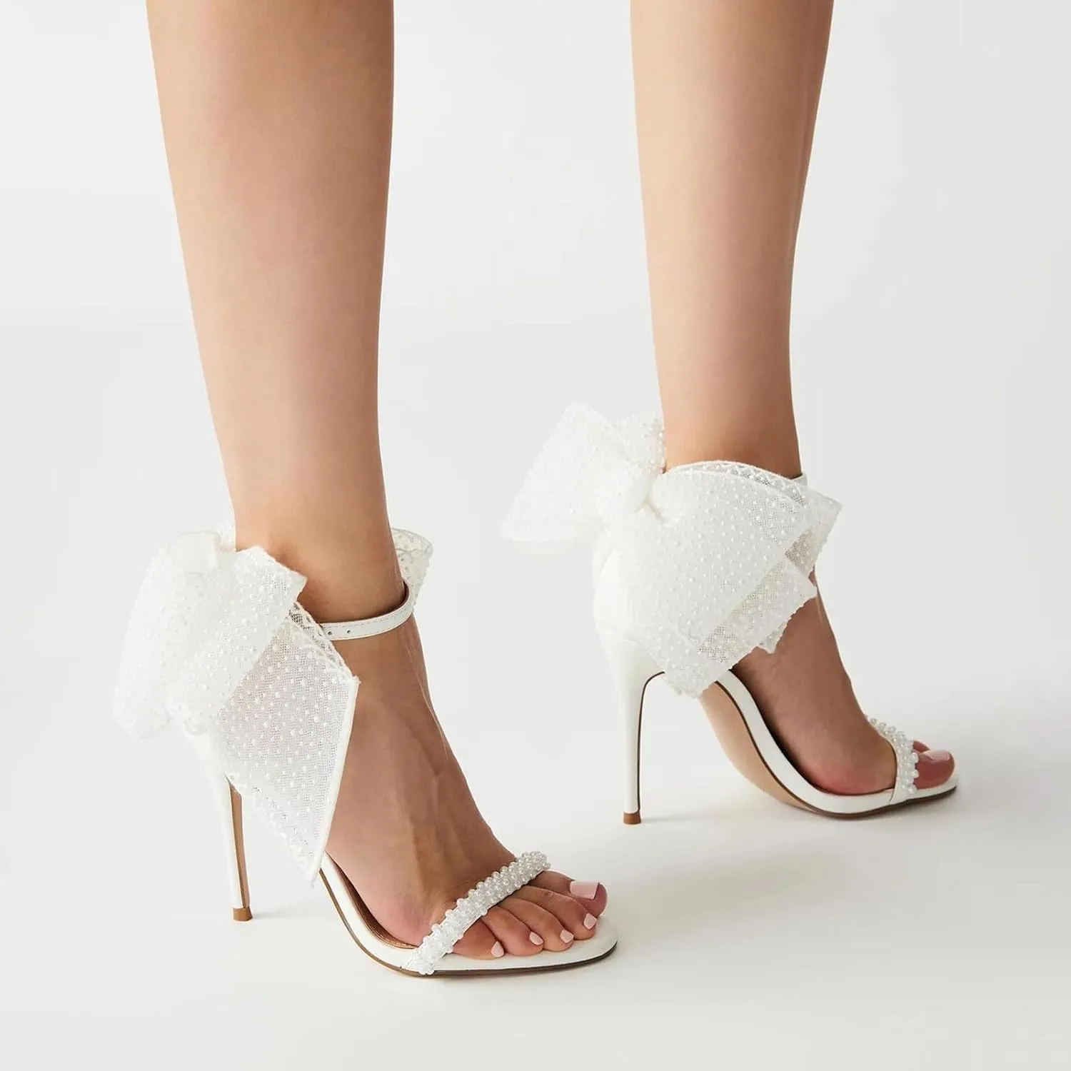 DOEYG Pearl High Heels for Women Bow Strappy Stiletto Sandal Open Toe Wedding Bridal Shoes