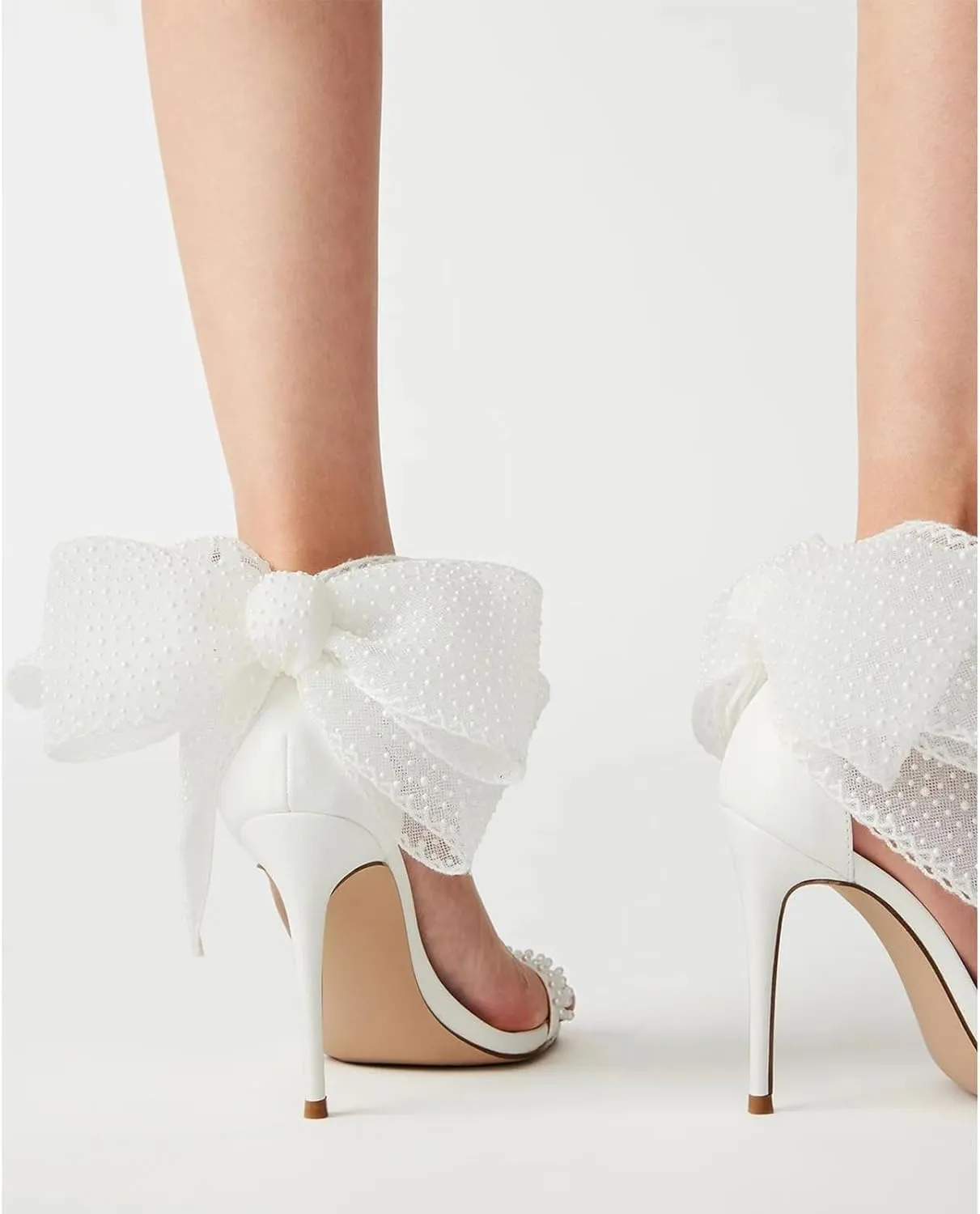 DOEYG Pearl High Heels for Women Bow Strappy Stiletto Sandal Open Toe Wedding Bridal Shoes