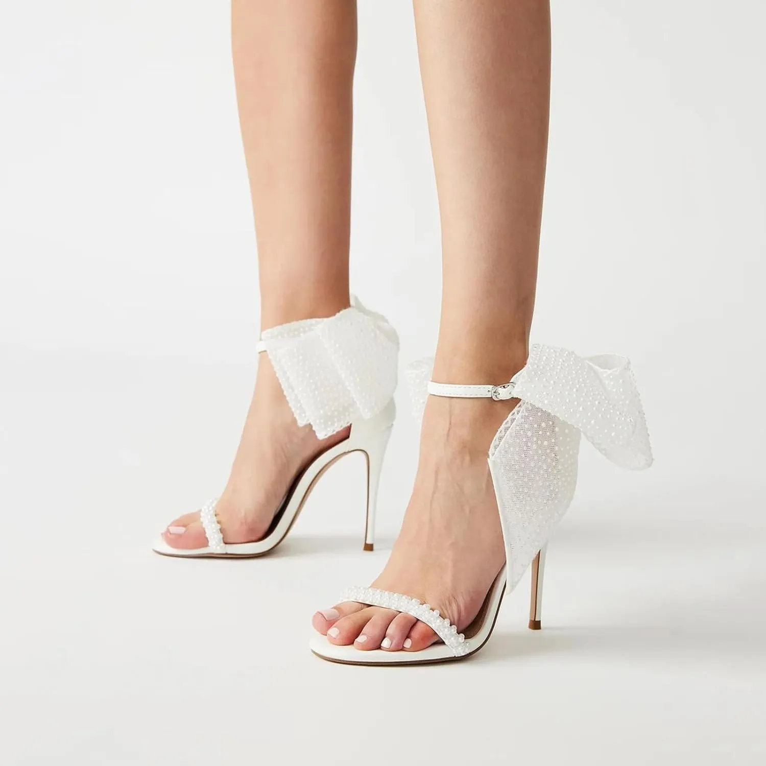 DOEYG Pearl High Heels for Women Bow Strappy Stiletto Sandal Open Toe Wedding Bridal Shoes