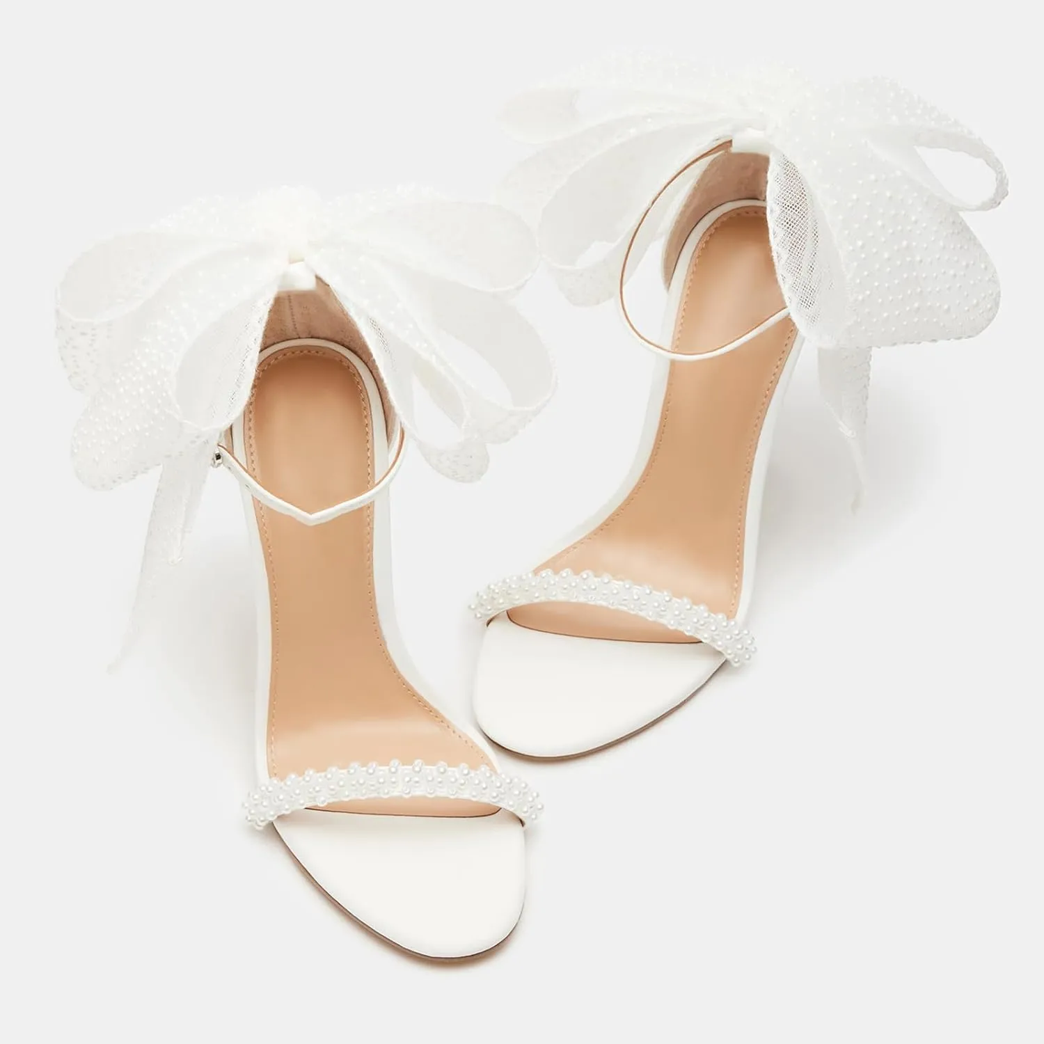 DOEYG Pearl High Heels for Women Bow Strappy Stiletto Sandal Open Toe Wedding Bridal Shoes