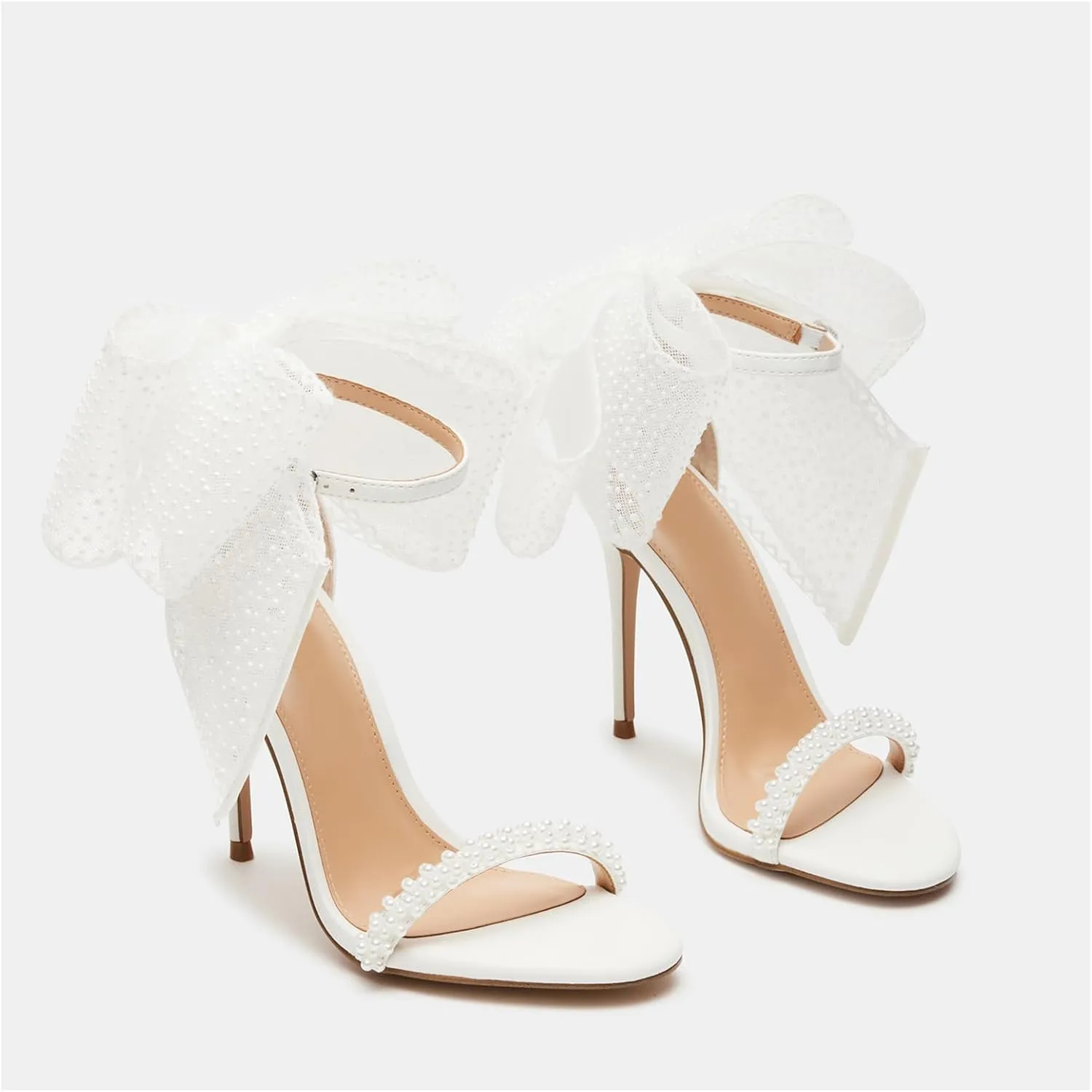 DOEYG Pearl High Heels for Women Bow Strappy Stiletto Sandal Open Toe Wedding Bridal Shoes