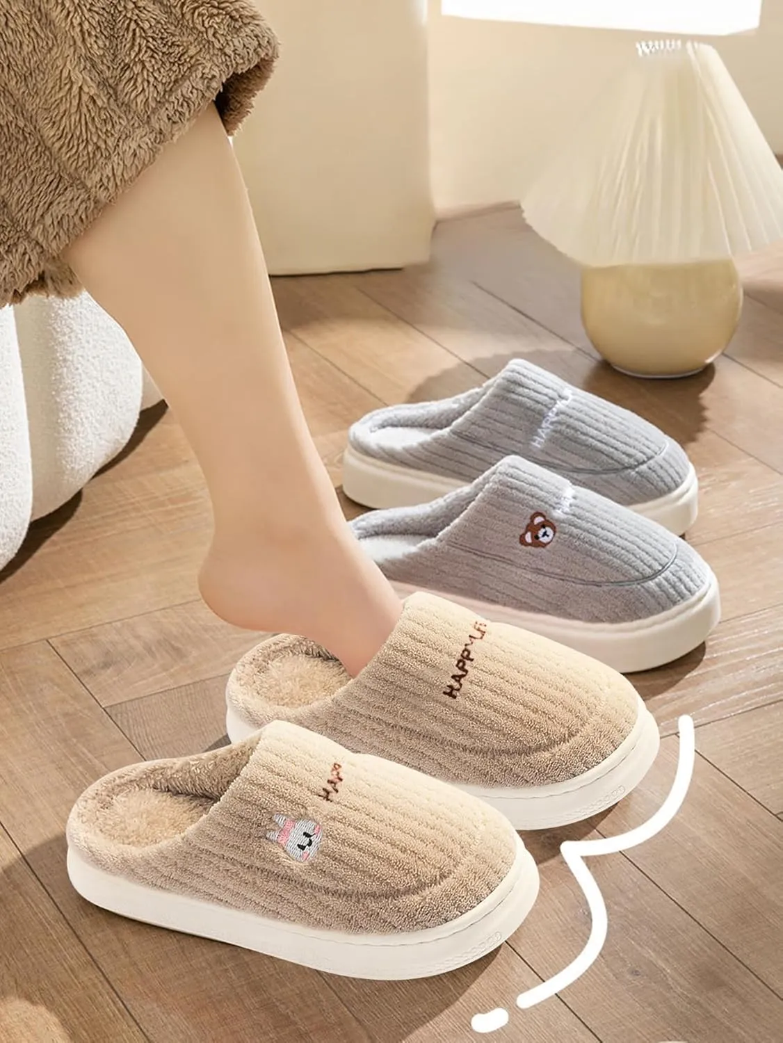 Eforcase Women Cute Slipper Fall Winter Cozy Slippers Indoor Outdoor Fuzzy House Shoes Slip-On Comfy Winter Warm Shoes