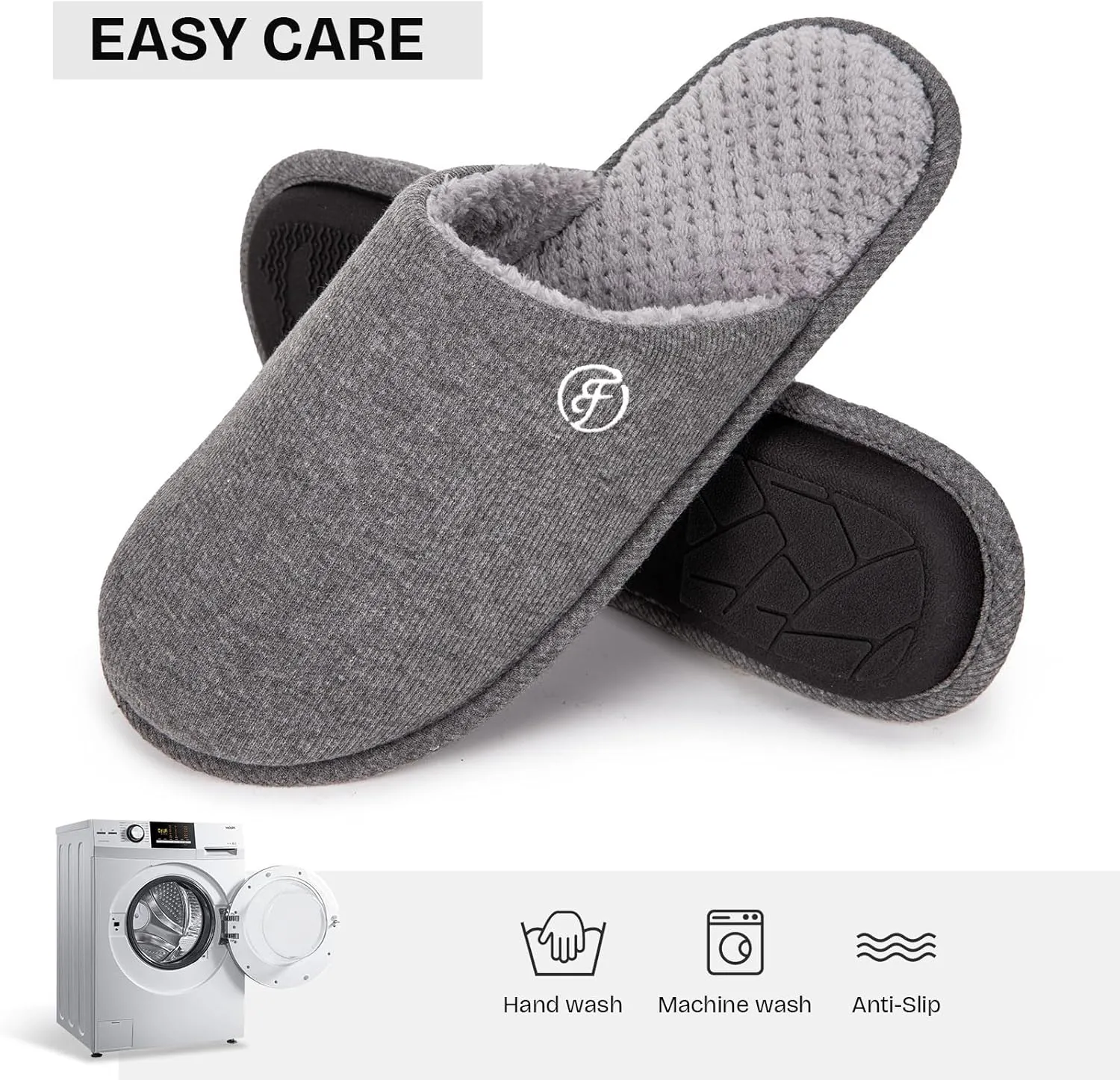 EverFoams Men's Cotton Knit Slippers Lightweight Memory Foam Indoor House Shoes with Anti-Skid Sole