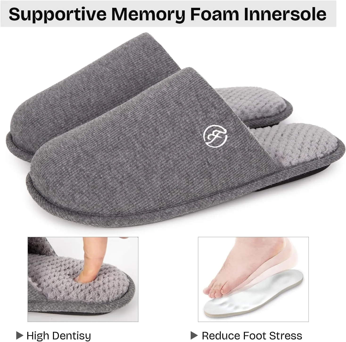EverFoams Men's Cotton Knit Slippers Lightweight Memory Foam Indoor House Shoes with Anti-Skid Sole