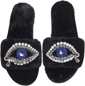 Evil Eyes Slippers Women Plush Flat Slippers Tears on Slides Fashion Fuzzy Plush Slides Flip Flop Indoor Bedroom Shoes