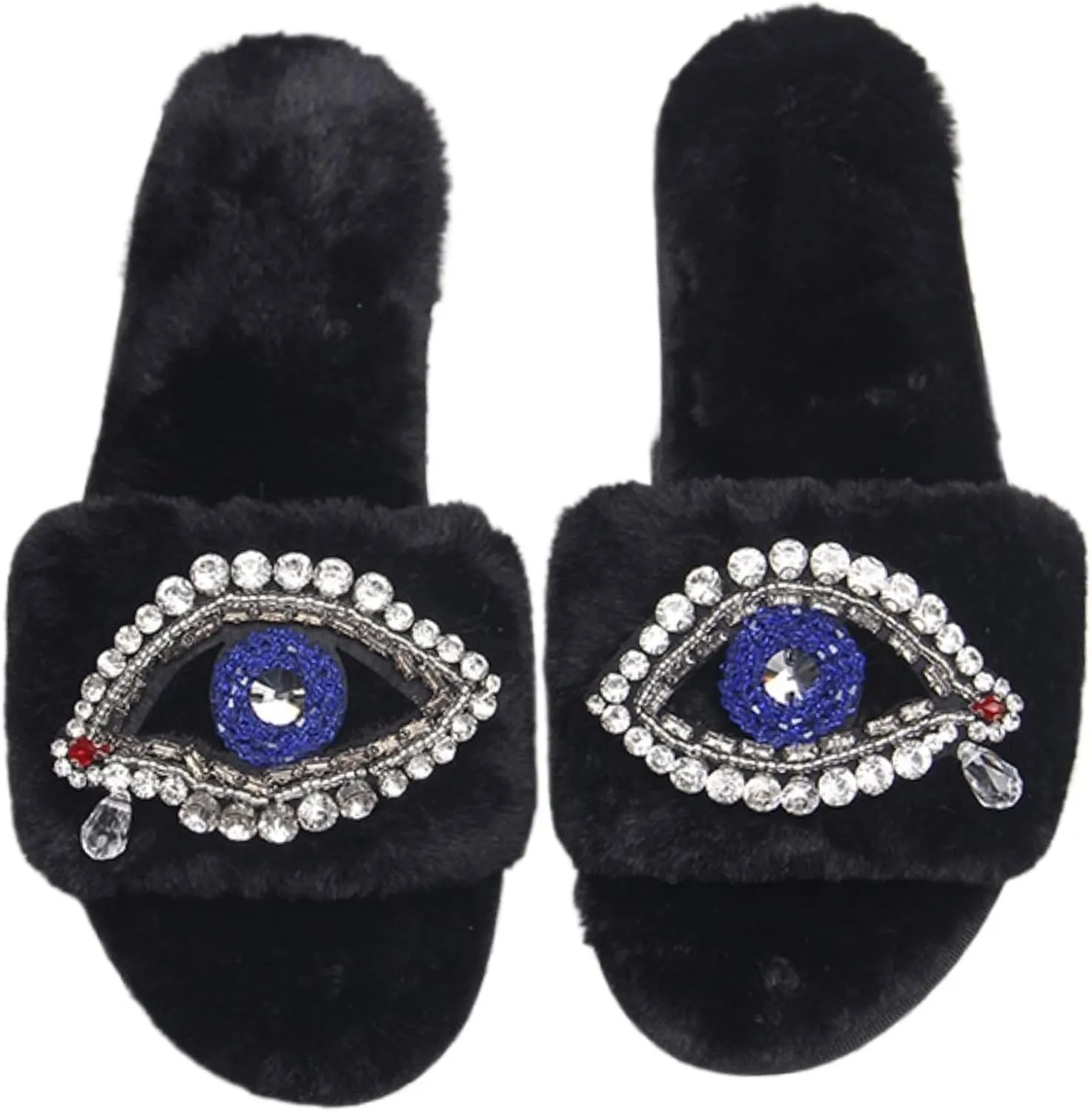 Evil Eyes Slippers Women Plush Flat Slippers Tears on Slides Fashion Fuzzy Plush Slides Flip Flop Indoor Bedroom Shoes
