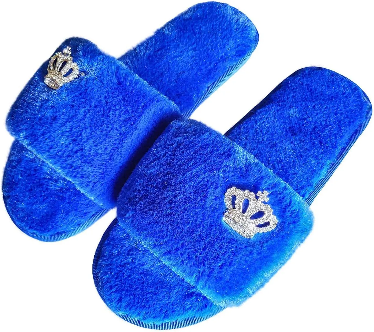 Fashion Fur Slide Slippers for women girl,Bling Rhinestone Crown decoration flat Open Toe sliders plush slippers Slip on Cozy