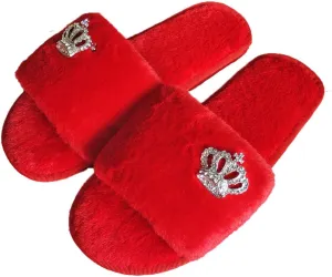 Fashion Fur Slide Slippers for women girl,Bling Rhinestone Crown decoration flat Open Toe sliders plush slippers Slip on Cozy