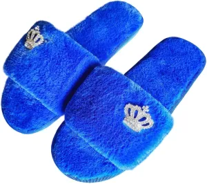 Fashion Fur Slide Slippers for women girl,Bling Rhinestone Crown decoration flat Open Toe sliders plush slippers Slip on Cozy