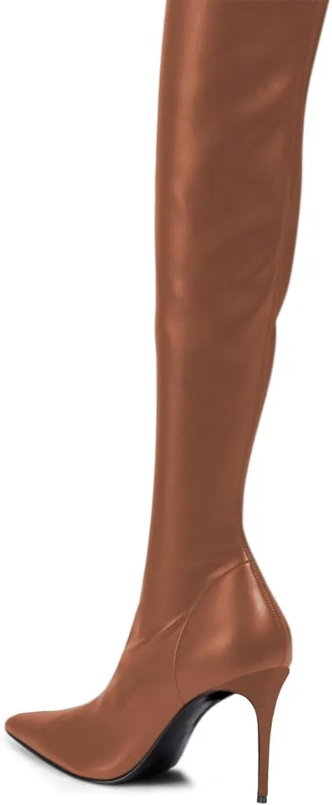 FOWT Women Stretchy Pointed Toe Thigh High Boots Sexy Stiletto High Heel Long Boots Side Zipper Fashion Ballroom Party Dress Shoes Size 4-16 US