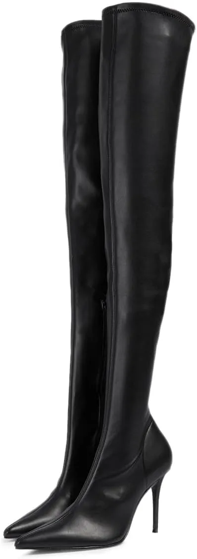 FOWT Women Stretchy Pointed Toe Thigh High Boots Sexy Stiletto High Heel Long Boots Side Zipper Fashion Ballroom Party Dress Shoes Size 4-16 US