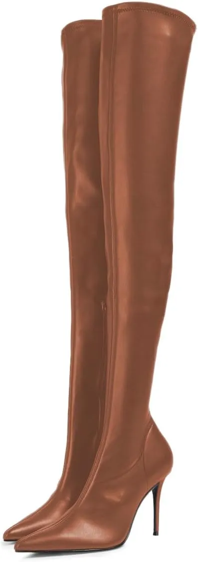 FOWT Women Stretchy Pointed Toe Thigh High Boots Sexy Stiletto High Heel Long Boots Side Zipper Fashion Ballroom Party Dress Shoes Size 4-16 US
