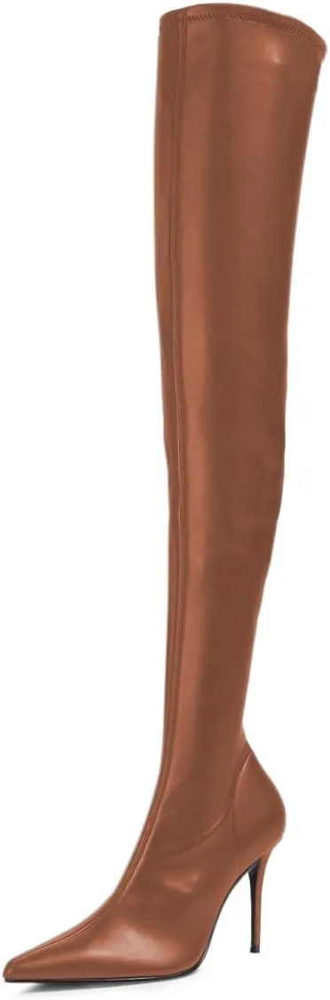FOWT Women Stretchy Pointed Toe Thigh High Boots Sexy Stiletto High Heel Long Boots Side Zipper Fashion Ballroom Party Dress Shoes Size 4-16 US