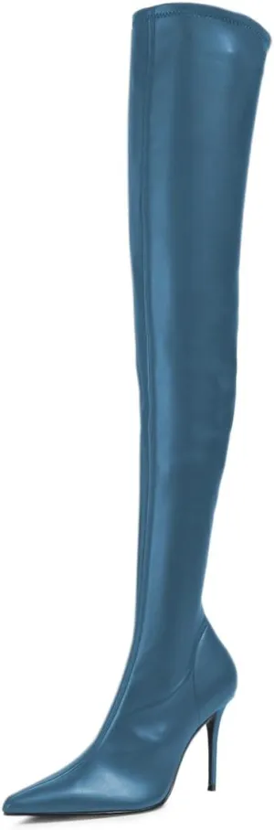 FOWT Women Stretchy Pointed Toe Thigh High Boots Sexy Stiletto High Heel Long Boots Side Zipper Fashion Ballroom Party Dress Shoes Size 4-16 US