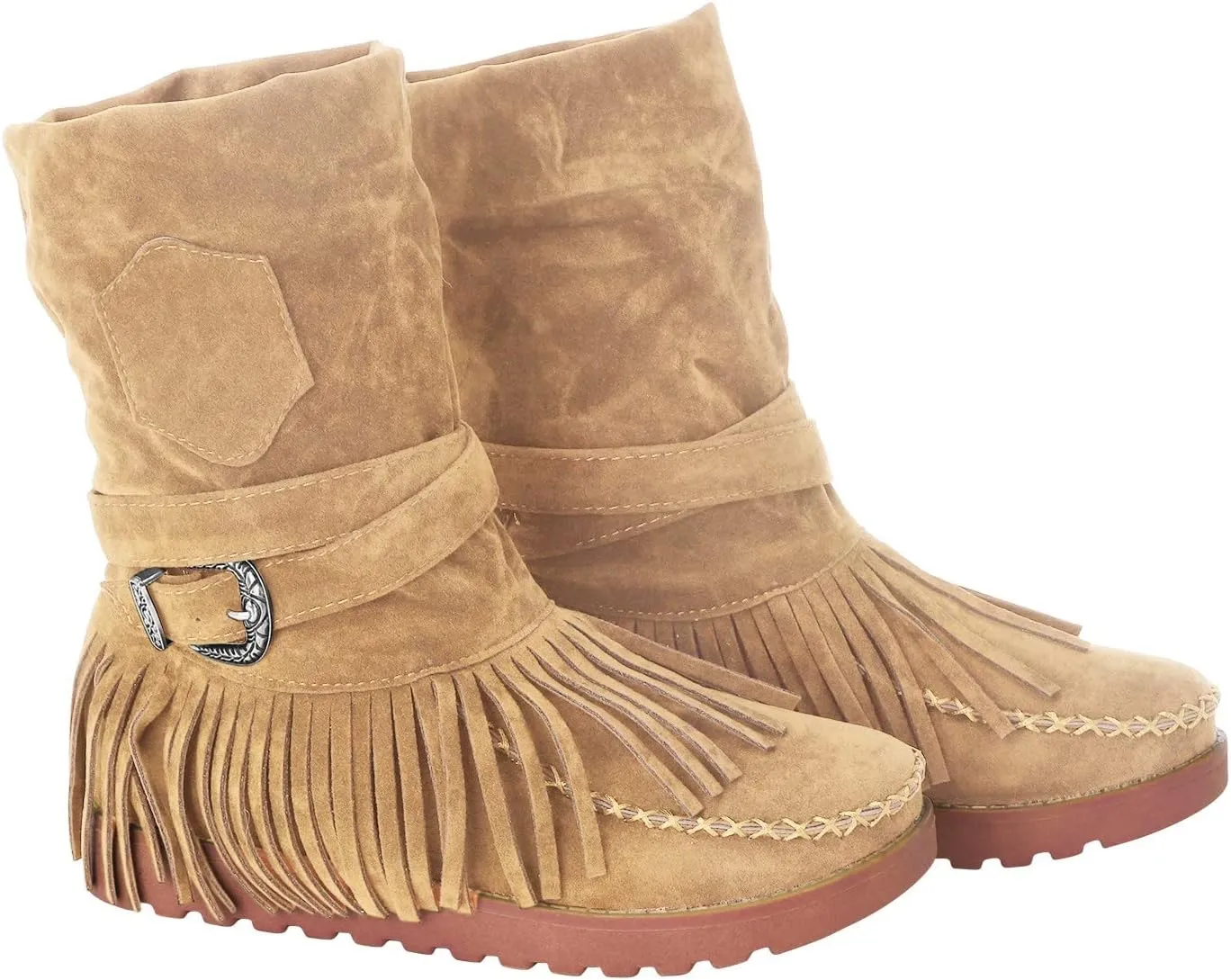 Fringe Cowboy Boots For Women Suede Ankle Boots Moccasin Boots Low Heel Slouch Boots Comfy Flat Western Shoes