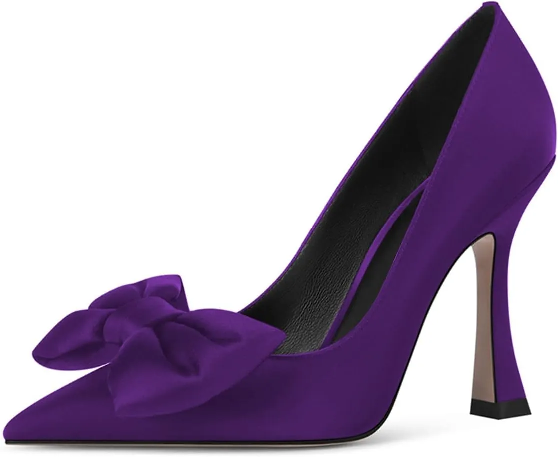 FYS Women Pointed Toe Bow Pumps Slip on Stiletto High Heels Satin Dress Party Wedding Ladies Shoes Size 4-15 US
