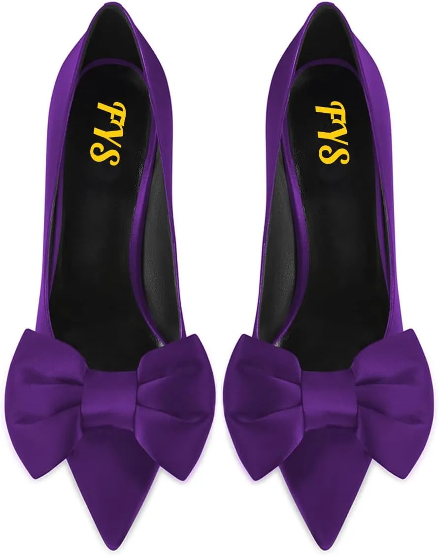 FYS Women Pointed Toe Bow Pumps Slip on Stiletto High Heels Satin Dress Party Wedding Ladies Shoes Size 4-15 US