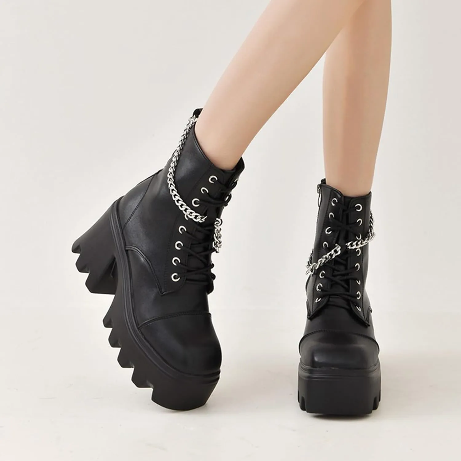 GUNIYIFS Womens Wedges Combat Boots High Heels Ankle Booties Punk Gothic Boots for Women Zip Lace-Up Platform Motorcycle Boot
