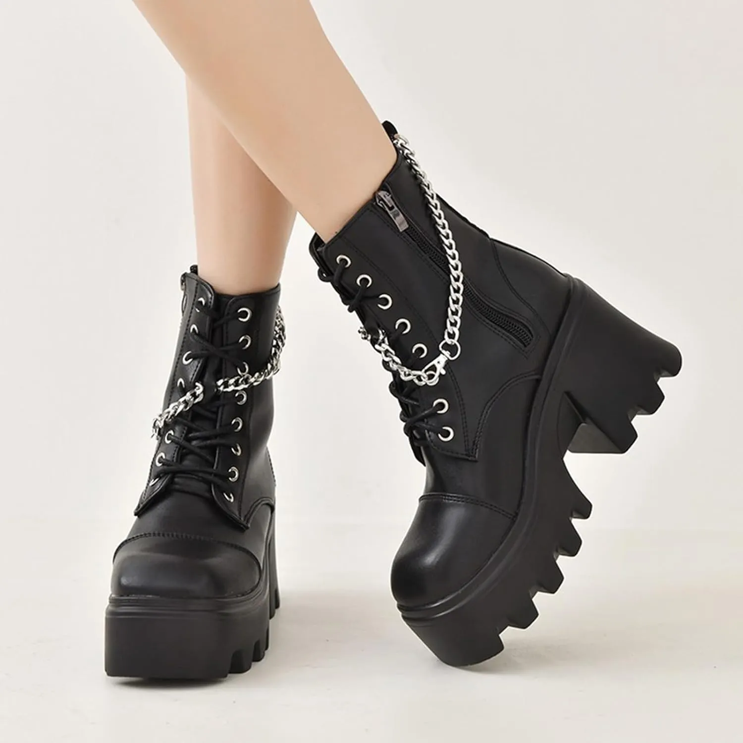 GUNIYIFS Womens Wedges Combat Boots High Heels Ankle Booties Punk Gothic Boots for Women Zip Lace-Up Platform Motorcycle Boot