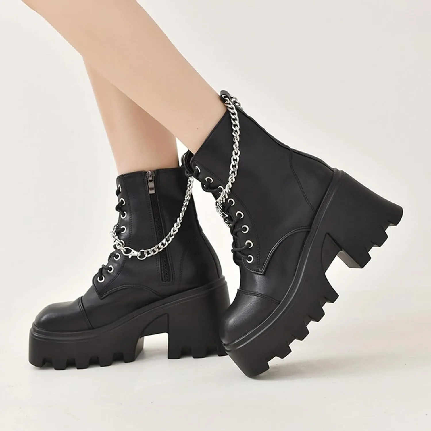GUNIYIFS Womens Wedges Combat Boots High Heels Ankle Booties Punk Gothic Boots for Women Zip Lace-Up Platform Motorcycle Boot