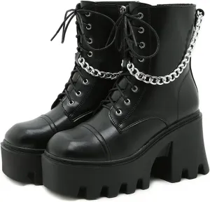 GUNIYIFS Womens Wedges Combat Boots High Heels Ankle Booties Punk Gothic Boots for Women Zip Lace-Up Platform Motorcycle Boot