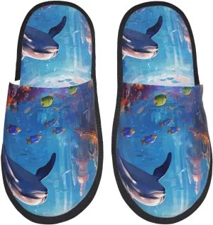 House Slippers For Women Men Indoor Slippers Non-Slip Fuzzy Slippers Dolphin Underwater Tropical Fish Pattern Winter Warm House Shoes