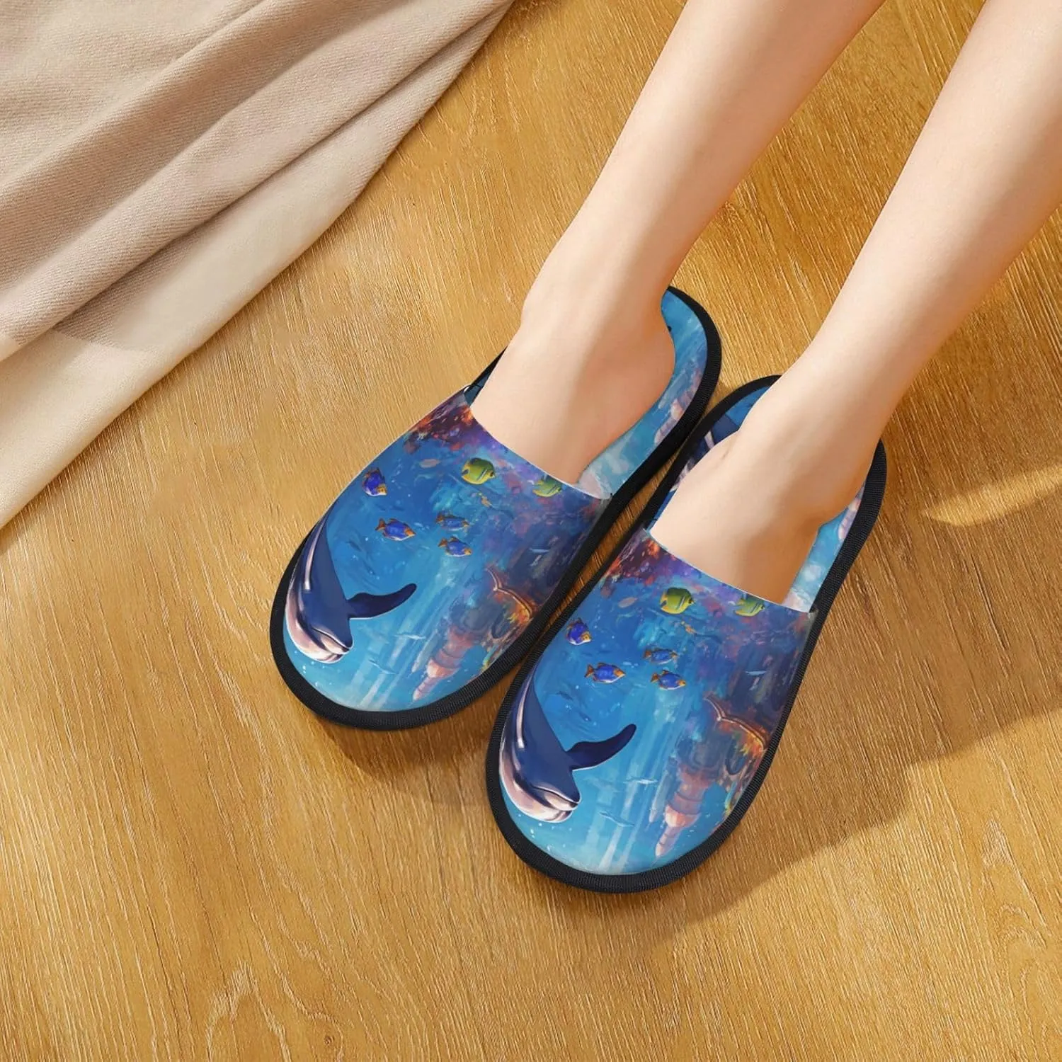 House Slippers For Women Men Indoor Slippers Non-Slip Fuzzy Slippers Dolphin Underwater Tropical Fish Pattern Winter Warm House Shoes