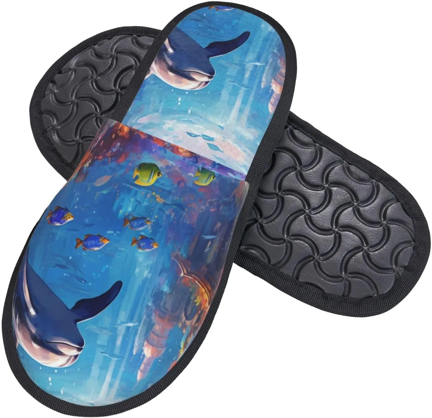 House Slippers For Women Men Indoor Slippers Non-Slip Fuzzy Slippers Dolphin Underwater Tropical Fish Pattern Winter Warm House Shoes