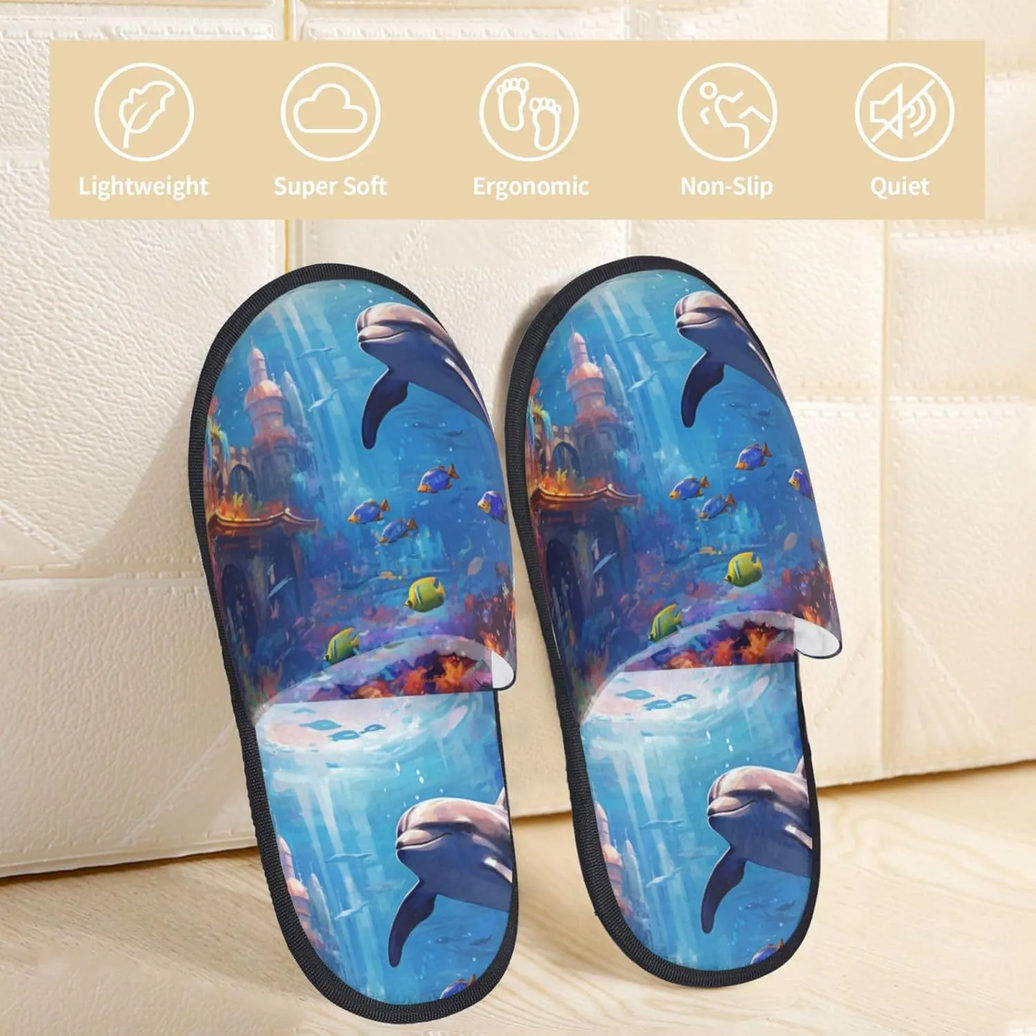 House Slippers For Women Men Indoor Slippers Non-Slip Fuzzy Slippers Dolphin Underwater Tropical Fish Pattern Winter Warm House Shoes