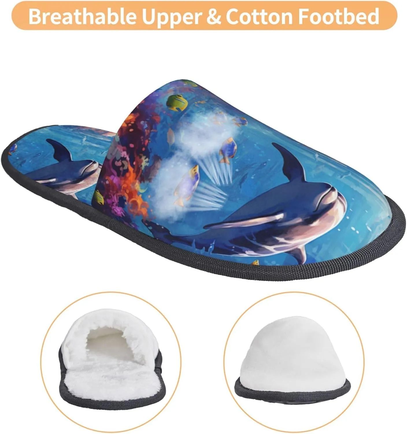 House Slippers For Women Men Indoor Slippers Non-Slip Fuzzy Slippers Dolphin Underwater Tropical Fish Pattern Winter Warm House Shoes