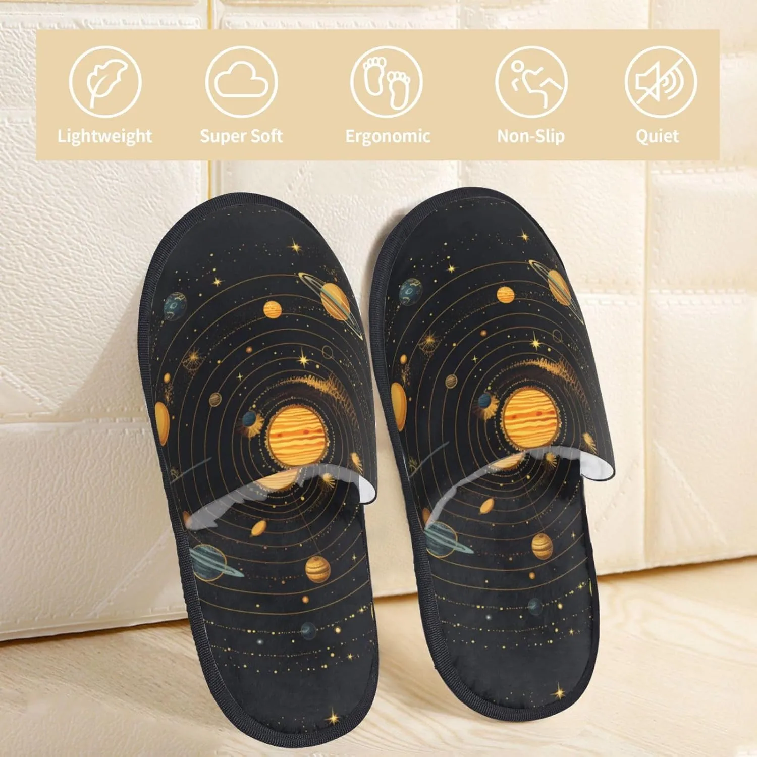 House Slippers For Women Men Indoor Slippers Non-Slip Fuzzy Slippers Solar System Universe Space Winter Warm House Shoes
