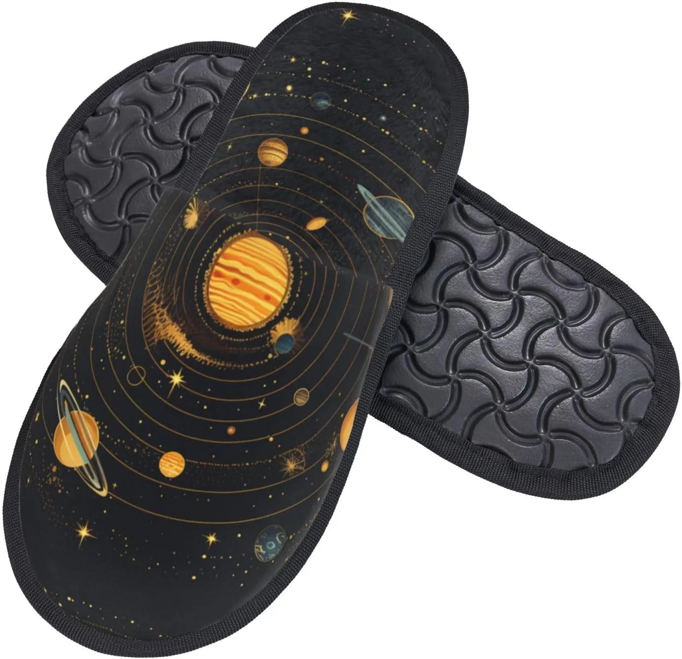 House Slippers For Women Men Indoor Slippers Non-Slip Fuzzy Slippers Solar System Universe Space Winter Warm House Shoes