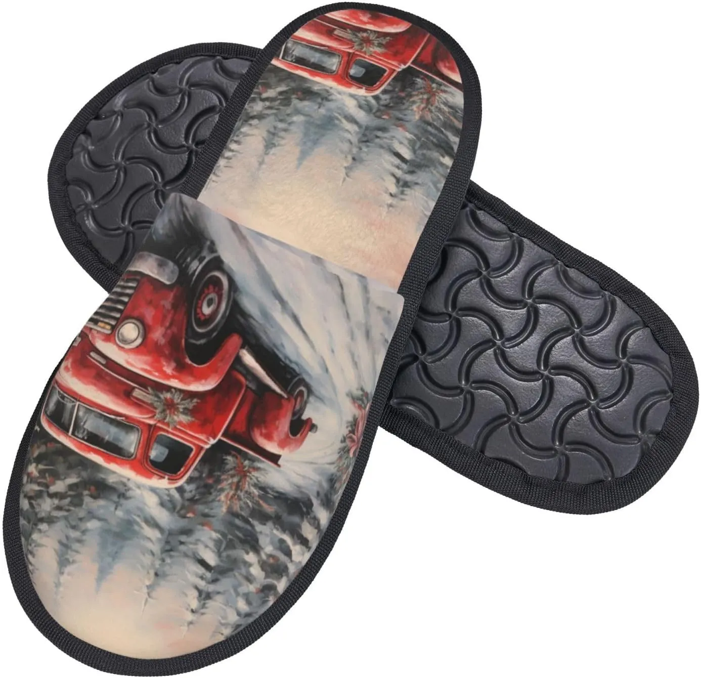 House Slippers For Women Men Indoor Slippers Non-Slip Fuzzy Slippers Winter Red Old Truck Chrismas Trees Winter Warm House Shoes