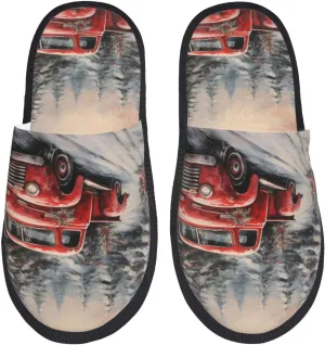 House Slippers For Women Men Indoor Slippers Non-Slip Fuzzy Slippers Winter Red Old Truck Chrismas Trees Winter Warm House Shoes
