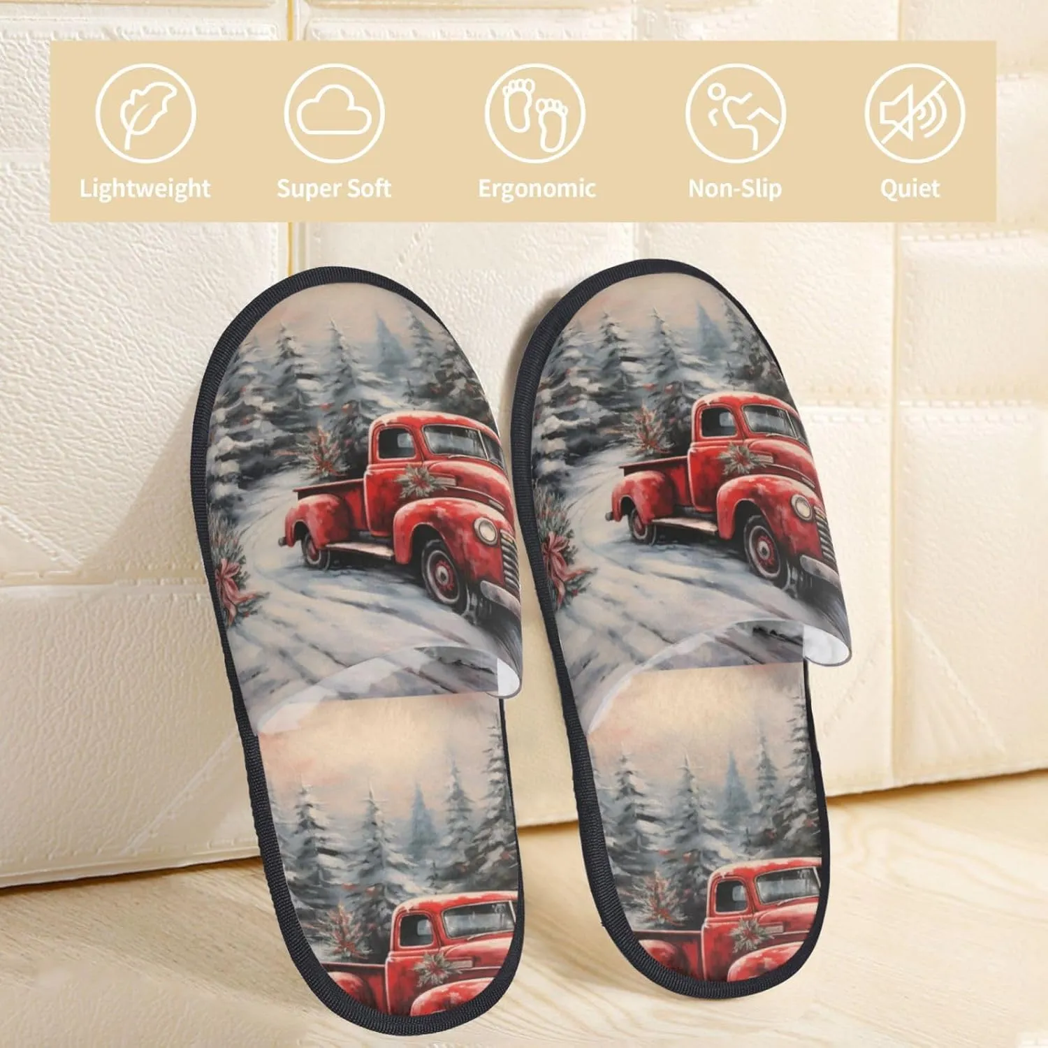 House Slippers For Women Men Indoor Slippers Non-Slip Fuzzy Slippers Winter Red Old Truck Chrismas Trees Winter Warm House Shoes