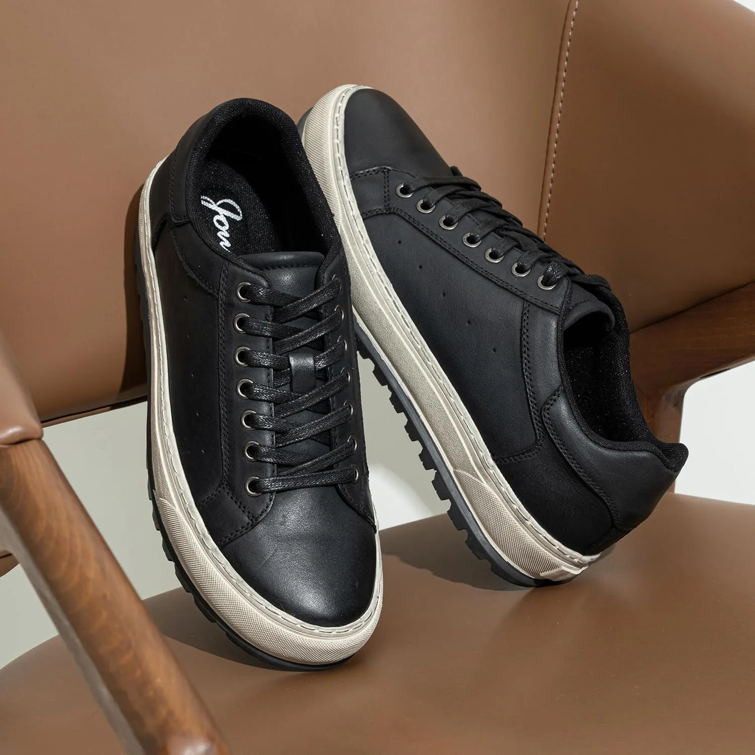 Jousen Men's Brown Leather Casual Fashion Sneakers