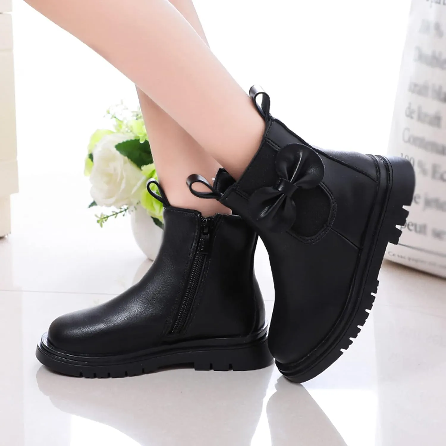 Kids Ankle Boots Little Girls Leather Short Boots Side Zipper Non Slip Nude Work Boots High Heel ombat Boots