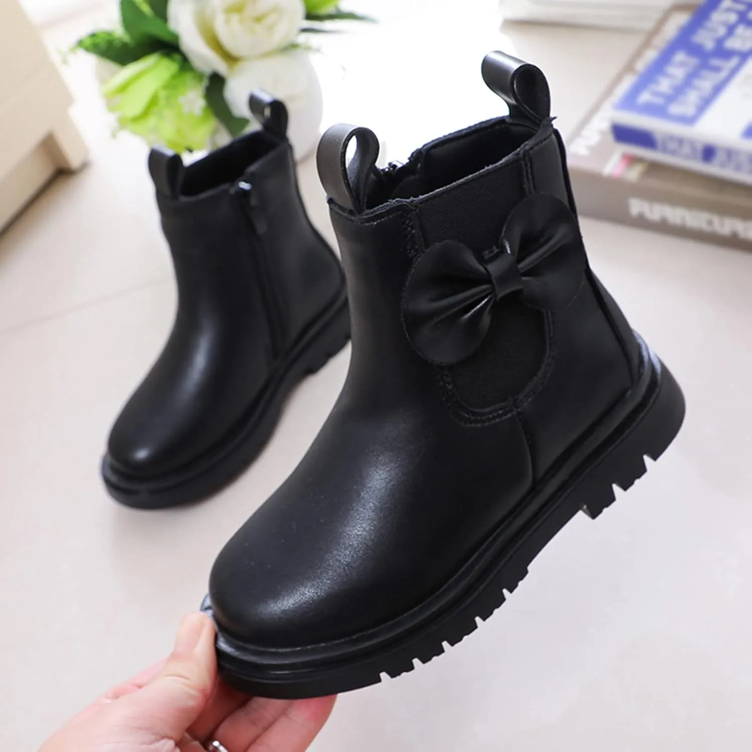 Kids Ankle Boots Little Girls Leather Short Boots Side Zipper Non Slip Nude Work Boots High Heel ombat Boots