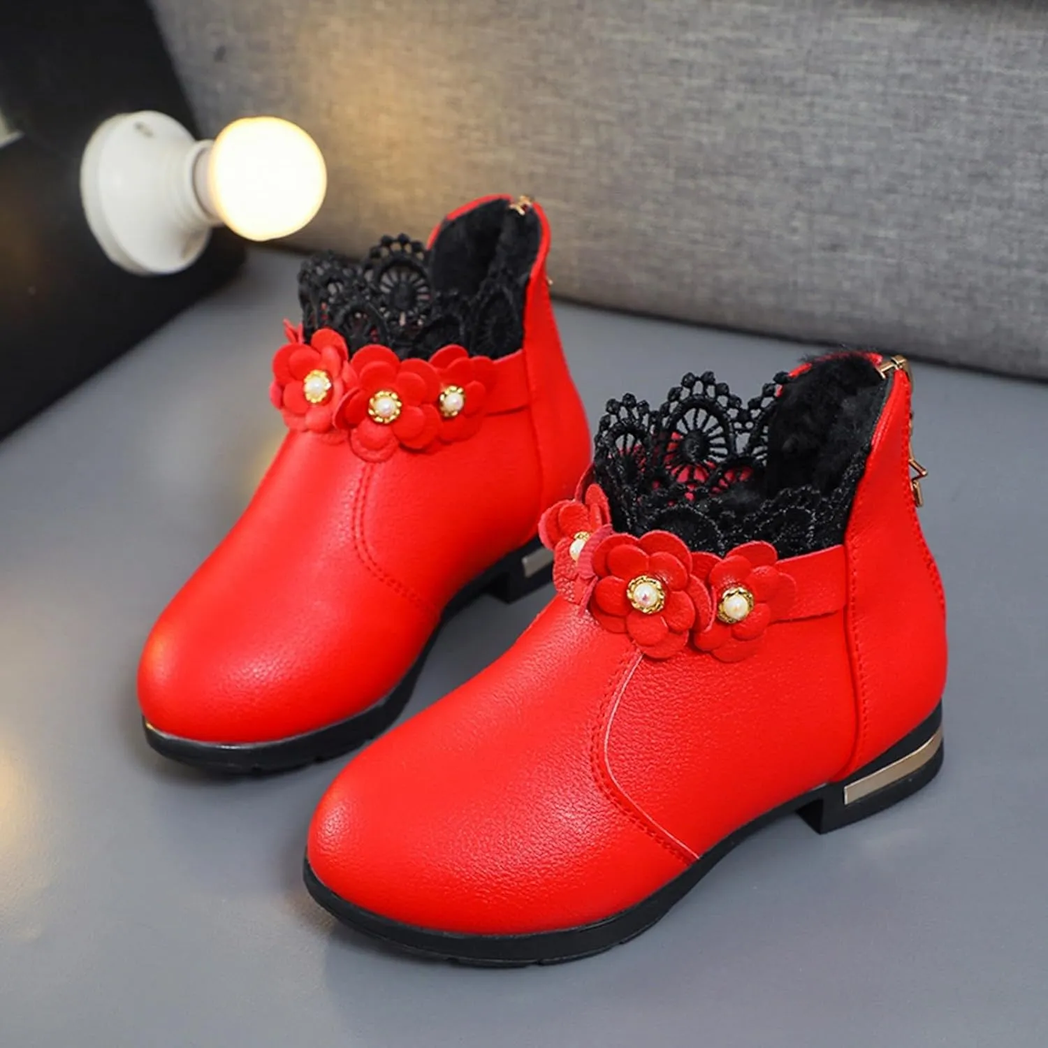 Kids Fashion Girls Ankle Boots Ruffle 3D Flowers Print Dress Booties Winter Leather Chunky Zipper Casual Shoes