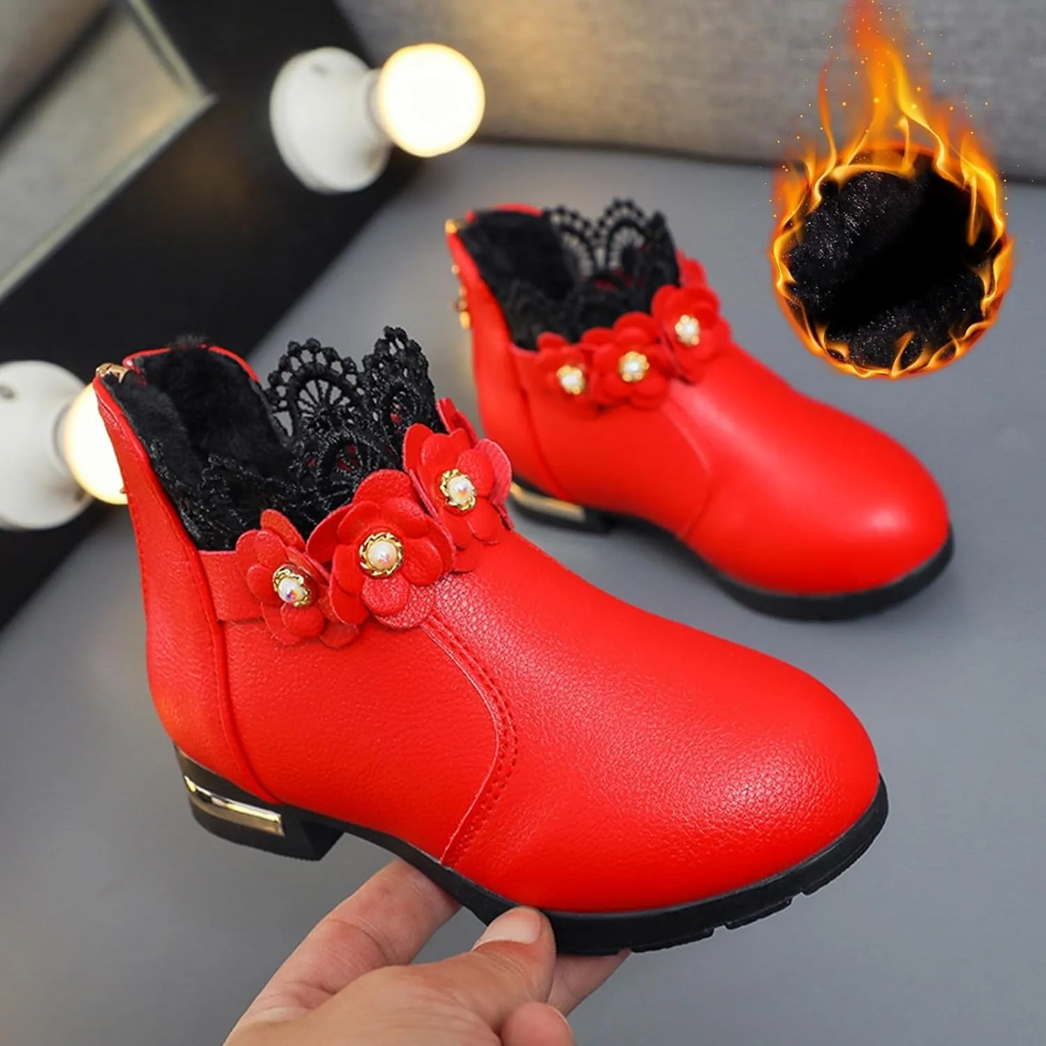 Kids Fashion Girls Ankle Boots Ruffle 3D Flowers Print Dress Booties Winter Leather Chunky Zipper Casual Shoes