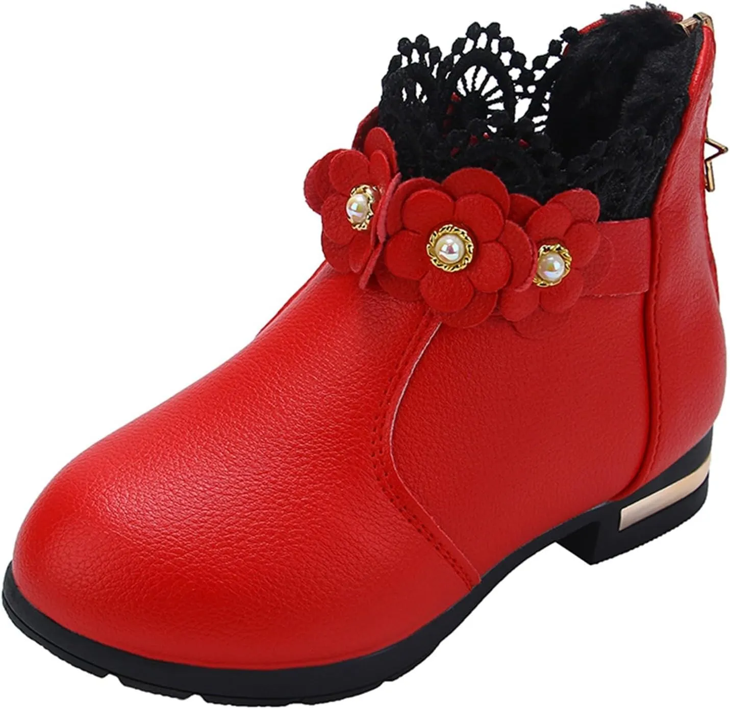 Kids Fashion Girls Ankle Boots Ruffle 3D Flowers Print Dress Booties Winter Leather Chunky Zipper Casual Shoes