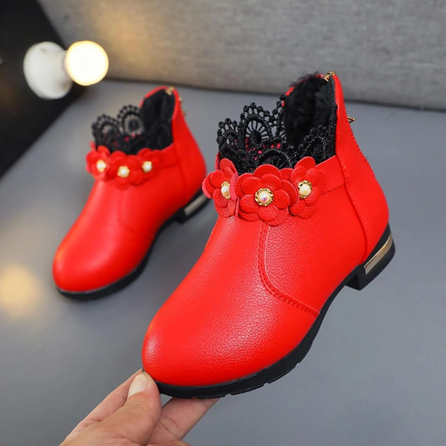 Kids Fashion Girls Ankle Boots Ruffle 3D Flowers Print Dress Booties Winter Leather Chunky Zipper Casual Shoes