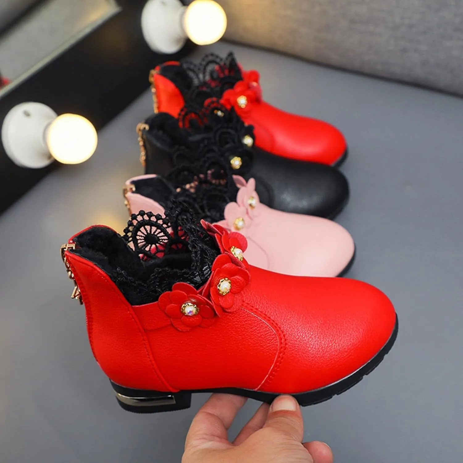 Kids Fashion Girls Ankle Boots Ruffle 3D Flowers Print Dress Booties Winter Leather Chunky Zipper Casual Shoes