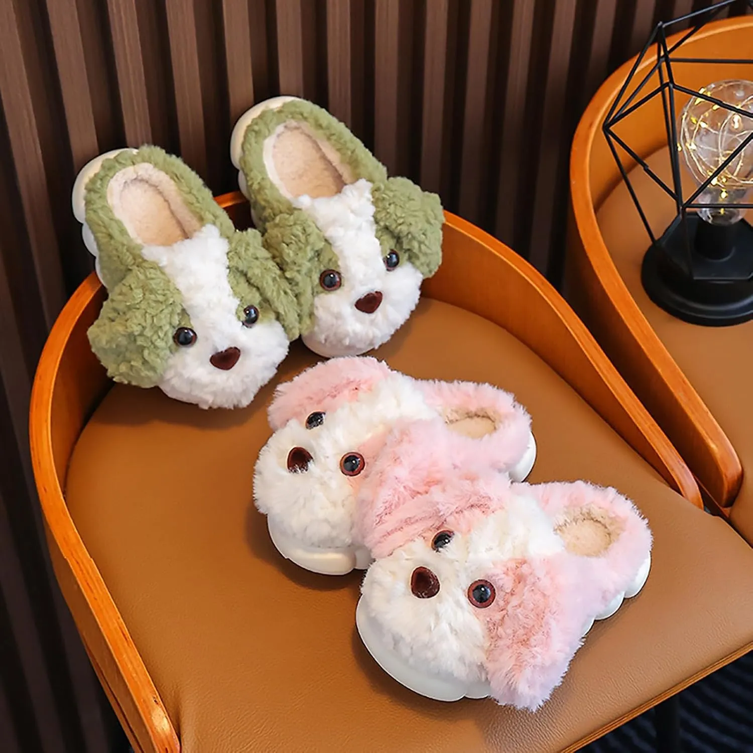 Kids Puppy Slippers Boys Girls Plush Non-Slip House Slippers Cute Cartoon Soft Wool Slip-On Shoes Indoor Wear