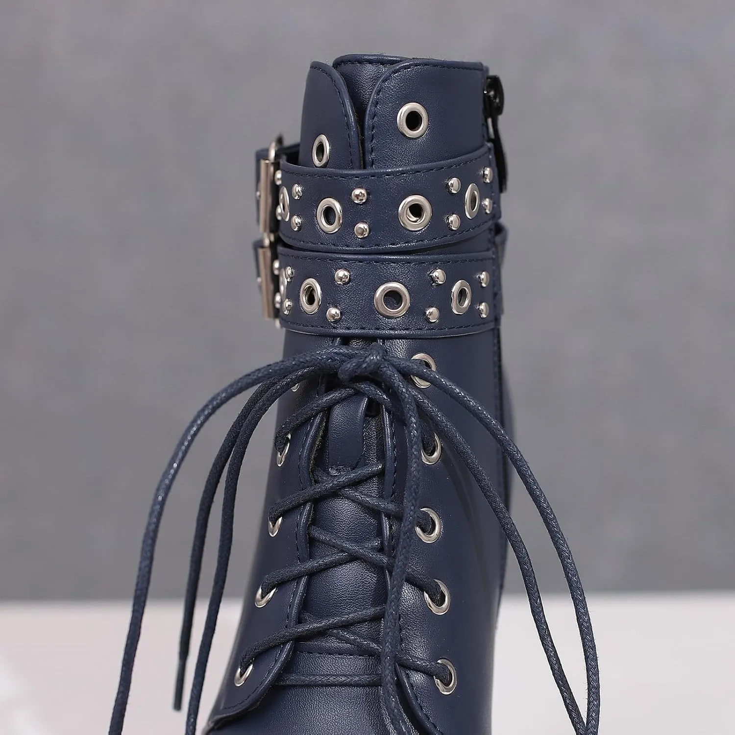 KIKIVIVI Womens Patent Leather Platform Chunky High Heel Lace Up Ankle Boots with Zipper