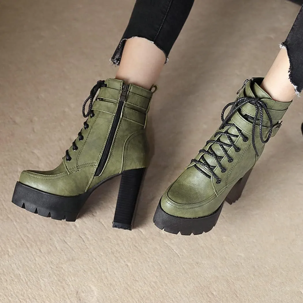 KIKIVIVI Womens Patent Leather Platform Chunky High Heel Lace Up Ankle Boots with Zipper
