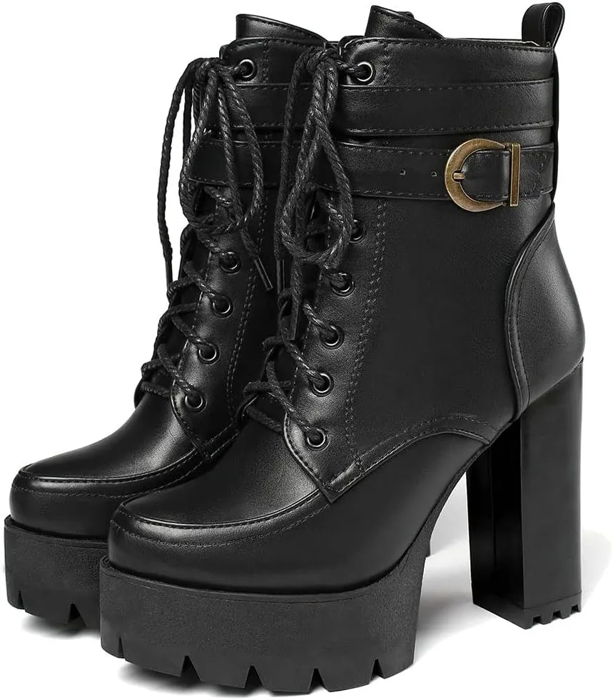 KIKIVIVI Womens Patent Leather Platform Chunky High Heel Lace Up Ankle Boots with Zipper