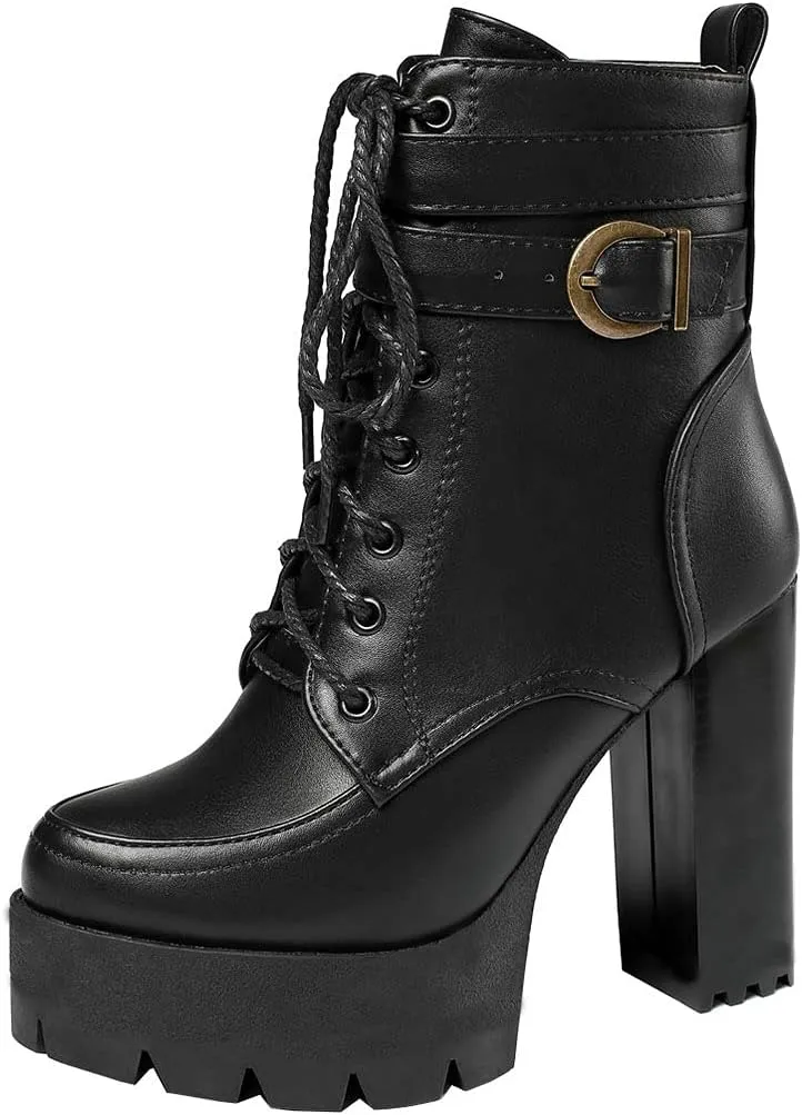 KIKIVIVI Womens Patent Leather Platform Chunky High Heel Lace Up Ankle Boots with Zipper