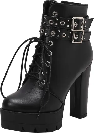 KIKIVIVI Womens Patent Leather Platform Chunky High Heel Lace Up Ankle Boots with Zipper