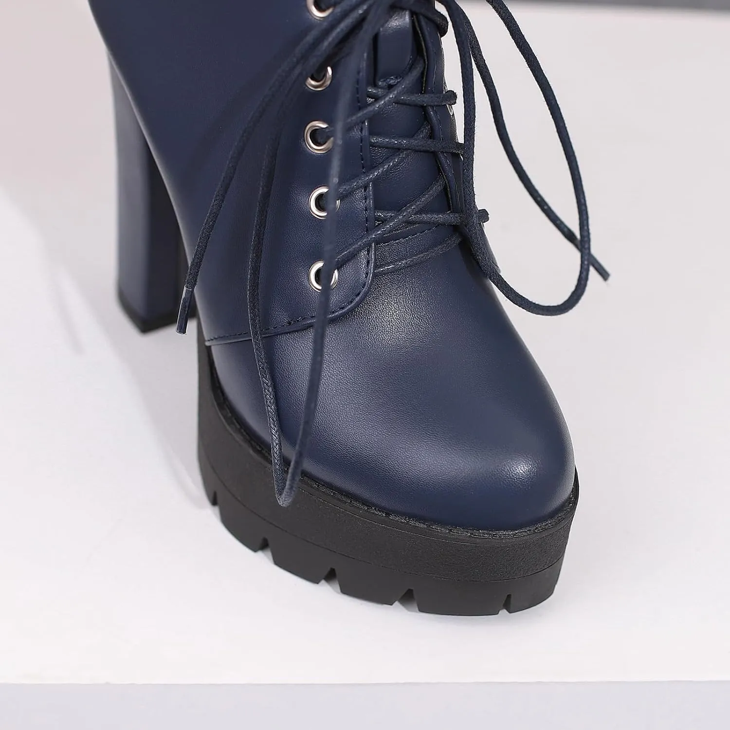 KIKIVIVI Womens Patent Leather Platform Chunky High Heel Lace Up Ankle Boots with Zipper